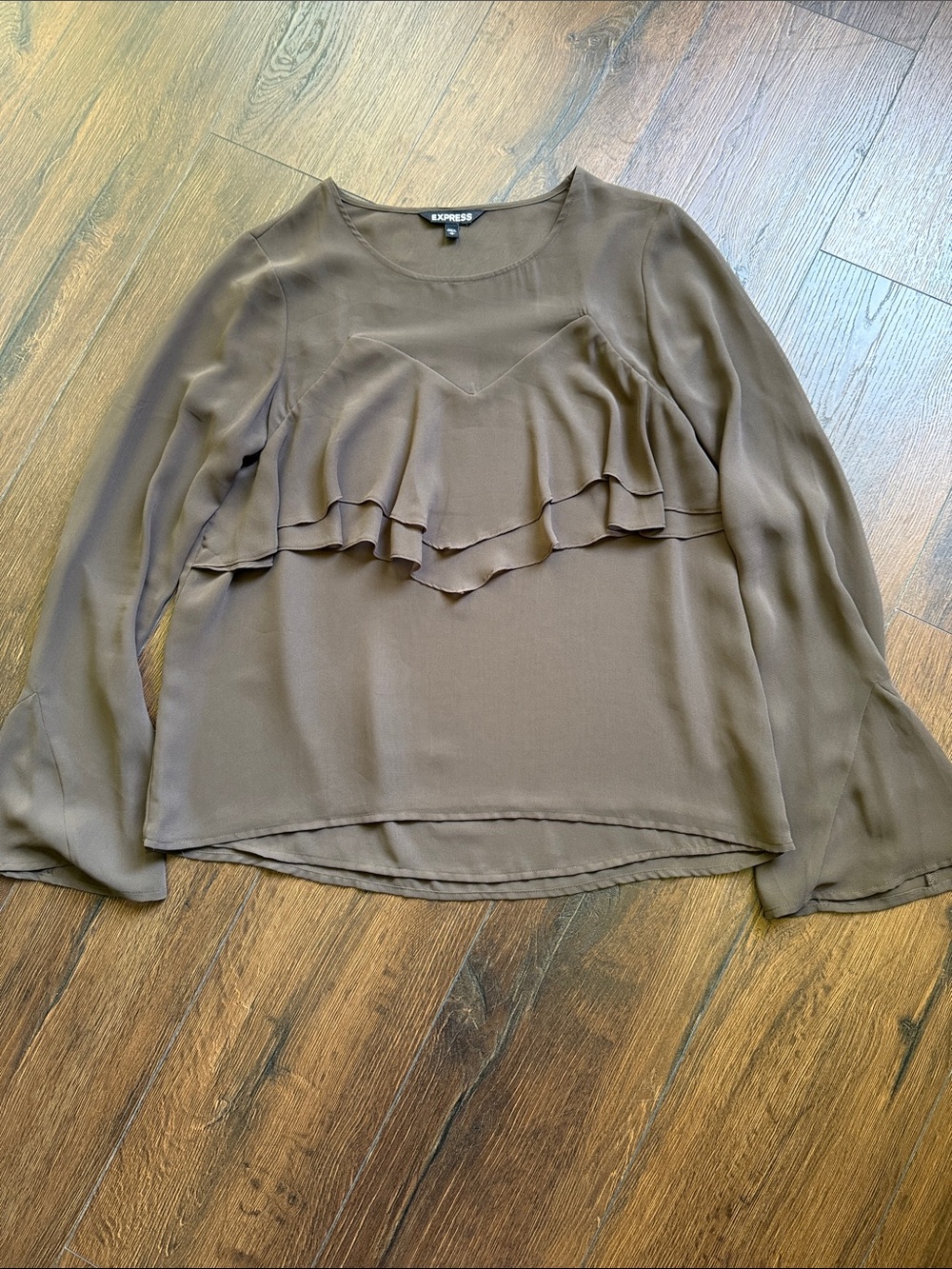 Express Brown/Olive Greenish Layered Ruffle Long-Sleeve Blouse